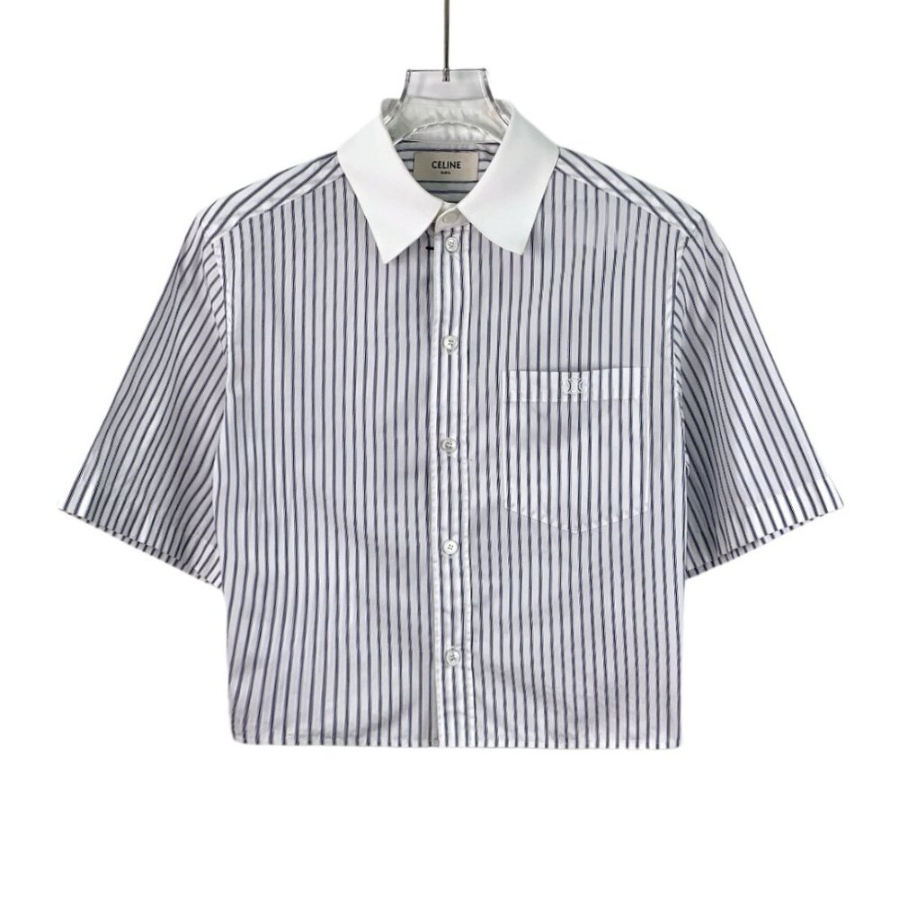 DW0620 Celine Blue Striped Cotton Lapel Single-Breasted Short-Sleeved Shirt 34 X